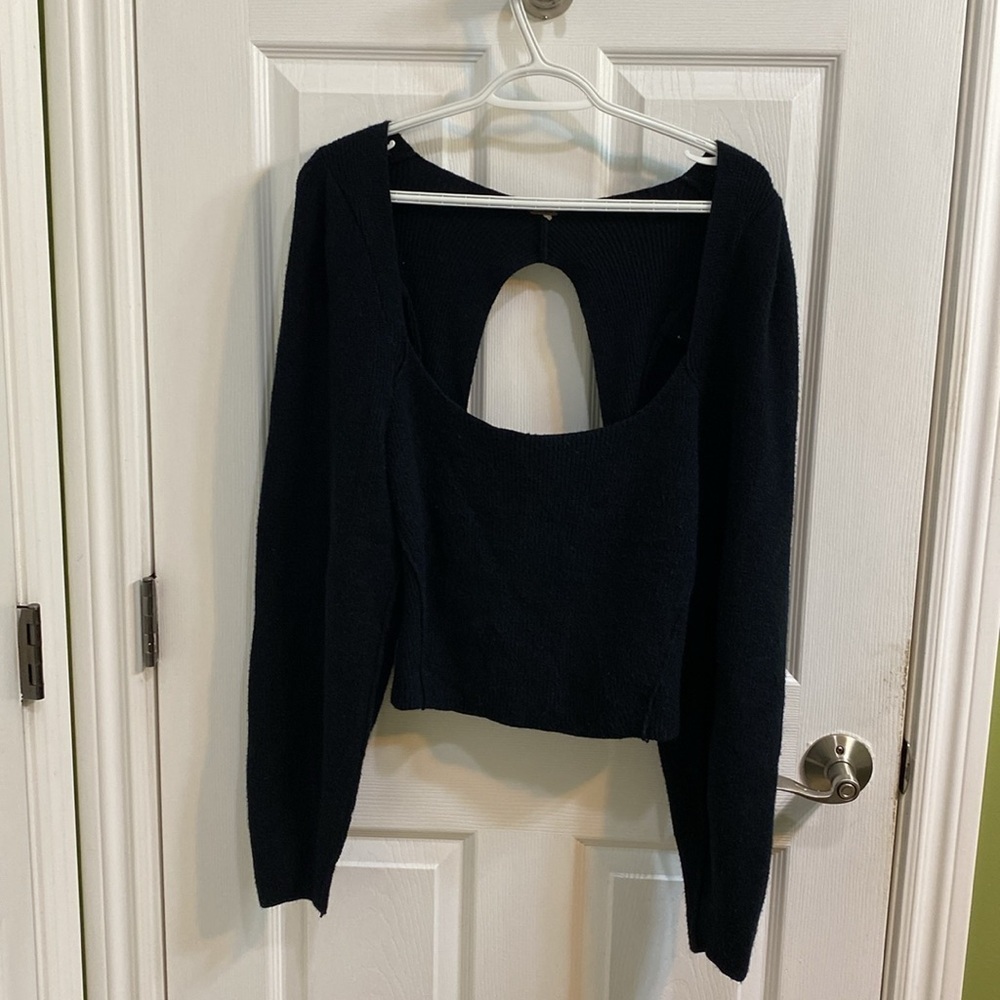 Free People Saffron Open Back Sweater Womens Medium Black Square Neck Ribbed - Picture 2 of 7